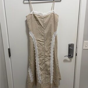 Anthropologie Beige Midi Dress with White Lace Trim